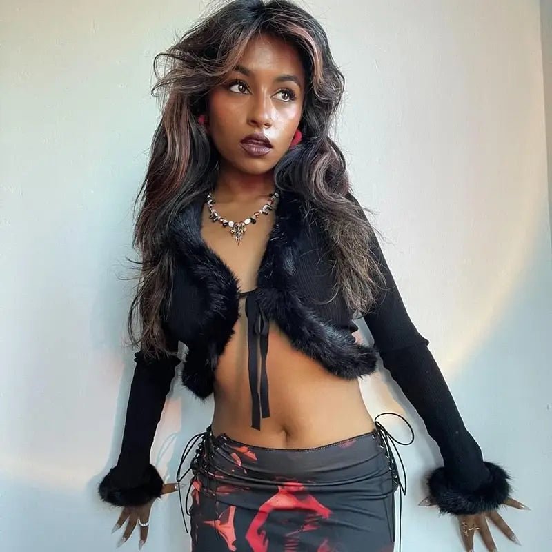 White Fur Trim Striped Cable Knit Cardigan for Cozy Days - Cosparty