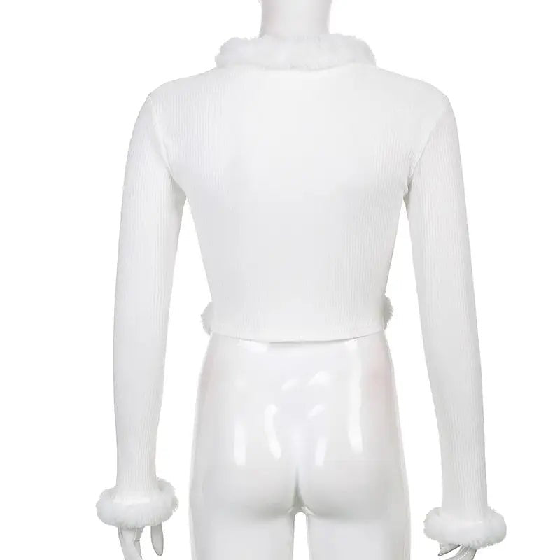 White Fur Trim Striped Cable Knit Cardigan for Cozy Days - Cosparty