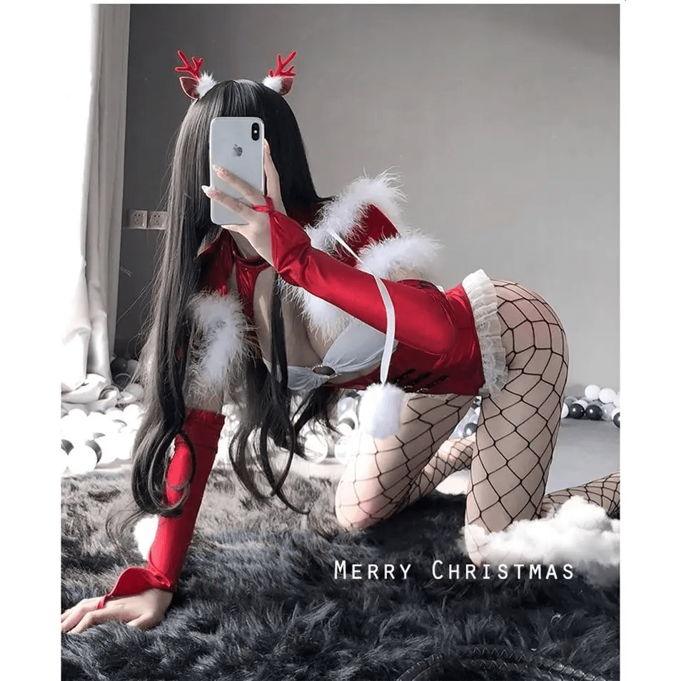 White Fur Trimmed Mrs. Claus Inspired Onesie Set for Christmas - Cosparty