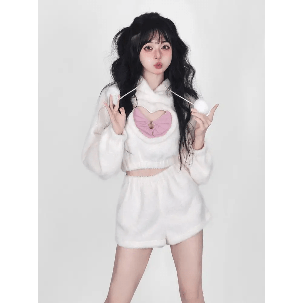 White Fuzzy Valentine Outfit Set with Cozy Shorts and Cropped Hoodie - Cosparty