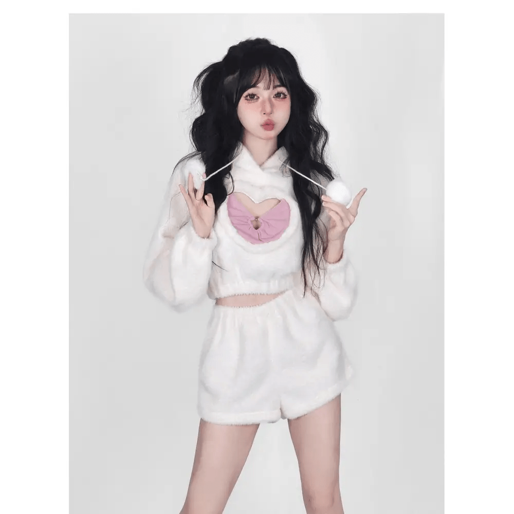 White Fuzzy Valentine Outfit Set with Cozy Shorts and Cropped Hoodie - Cosparty