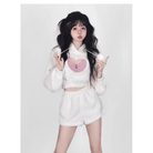 White Fuzzy Valentine Outfit Set with Cozy Shorts and Cropped Hoodie - Cosparty