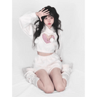 White Fuzzy Valentine Outfit Set with Cozy Shorts and Cropped Hoodie - Cosparty