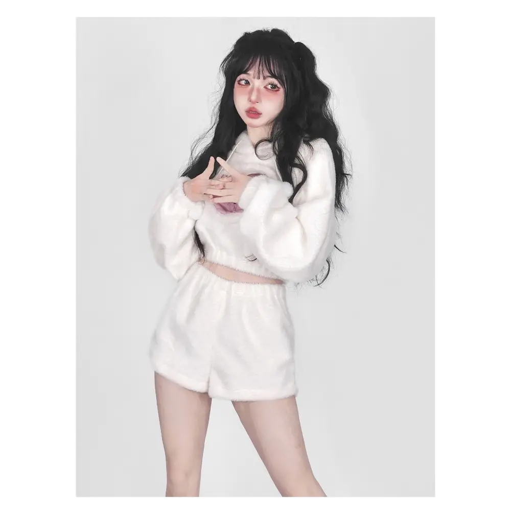 White Fuzzy Valentine Outfit Set with Cozy Shorts and Cropped Hoodie - outfit