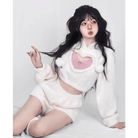 White Fuzzy Valentine Outfit Set with Cozy Shorts and Cropped Hoodie - Cosparty