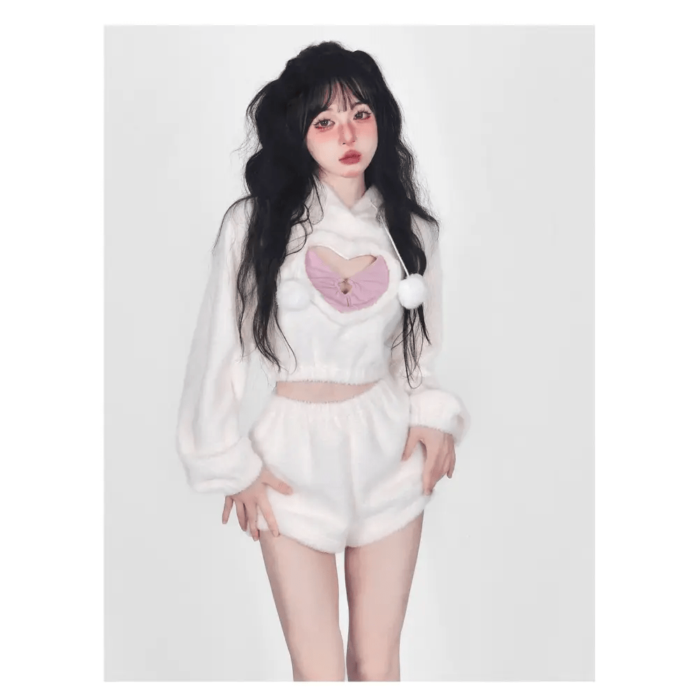 White Fuzzy Valentine Outfit Set with Cozy Shorts and Cropped Hoodie - Cosparty