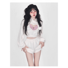 White Fuzzy Valentine Outfit Set with Cozy Shorts and Cropped Hoodie - Cosparty
