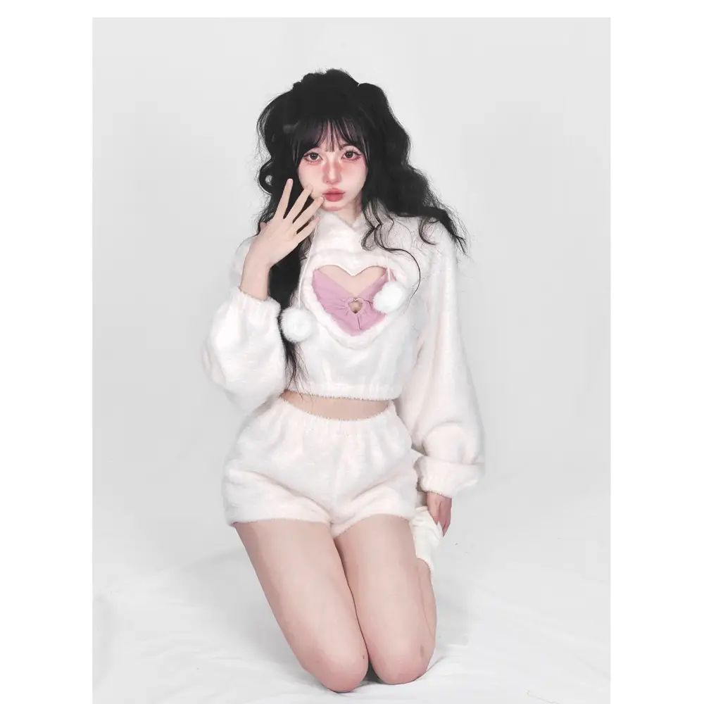 White Fuzzy Valentine Outfit Set with Cozy Shorts and Cropped Hoodie - outfit