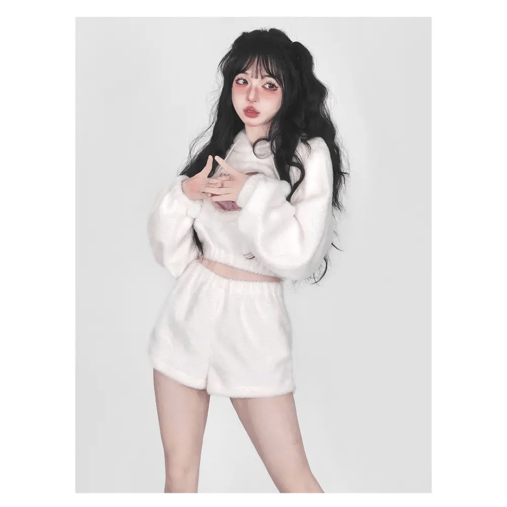 White Fuzzy Valentine Outfit Set with Cozy Shorts and Cropped Hoodie - Cosparty