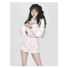 White Fuzzy Valentine Outfit Set with Cozy Shorts and Cropped Hoodie - Cosparty