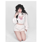 White Fuzzy Valentine Outfit Set with Cozy Shorts and Cropped Hoodie - Cosparty