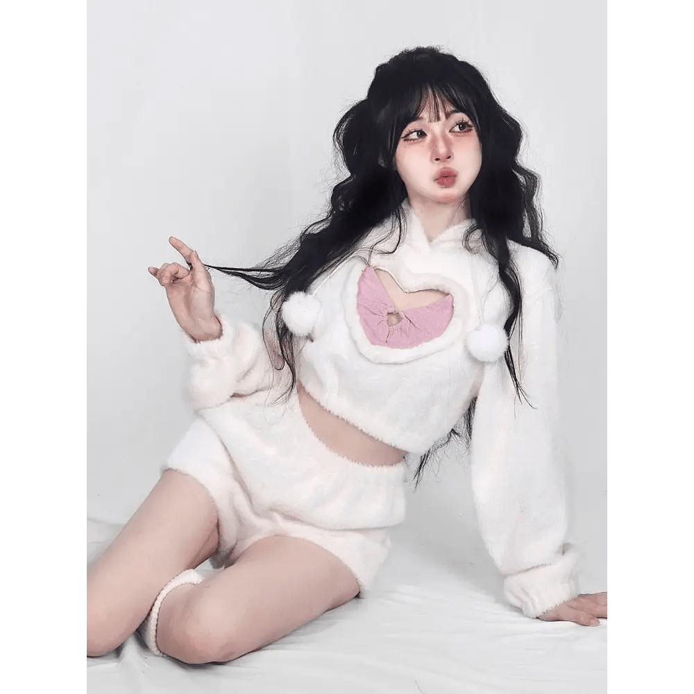 White Fuzzy Valentine Outfit Set with Cozy Shorts and Cropped Hoodie - Cosparty