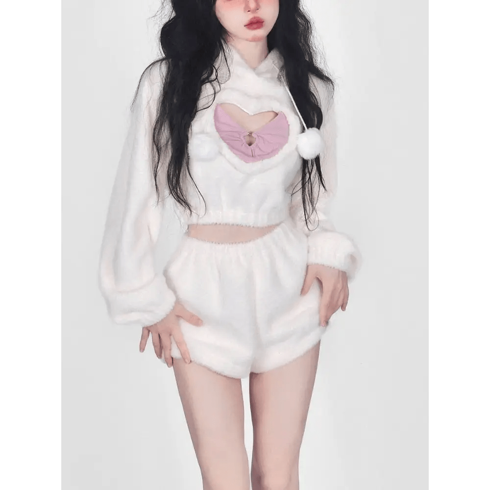 White Fuzzy Valentine Outfit Set with Cozy Shorts and Cropped Hoodie - Cosparty