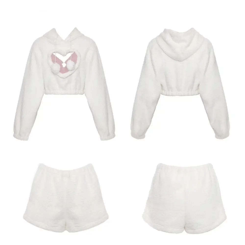 White Fuzzy Valentine Outfit Set with Cozy Shorts and Cropped Hoodie - outfit