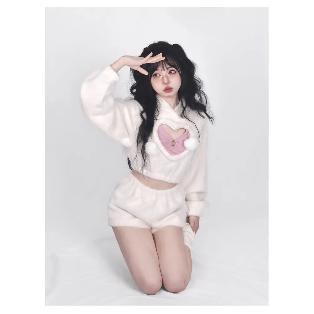 White Fuzzy Valentine Outfit Set with Cozy Shorts and Cropped Hoodie - outfit