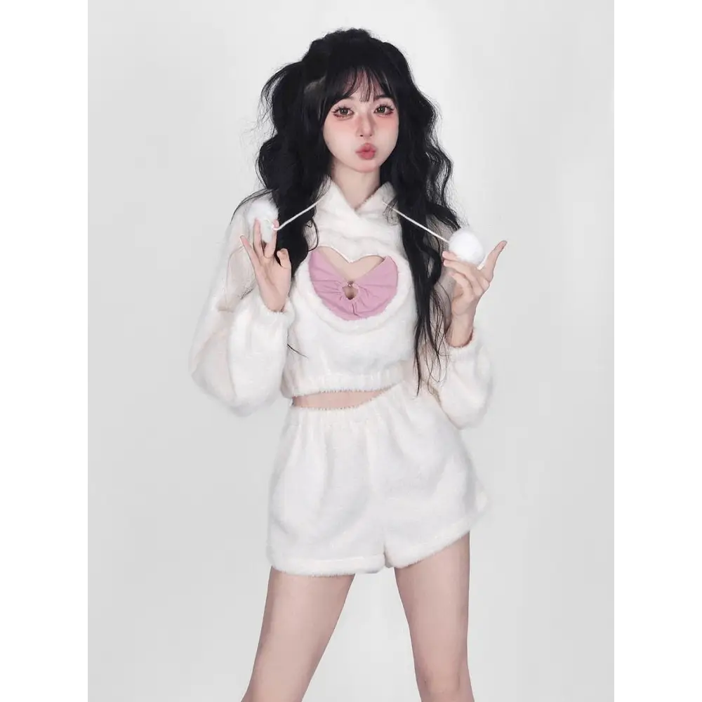 White Fuzzy Valentine Outfit Set with Cozy Shorts and Cropped Hoodie - outfit