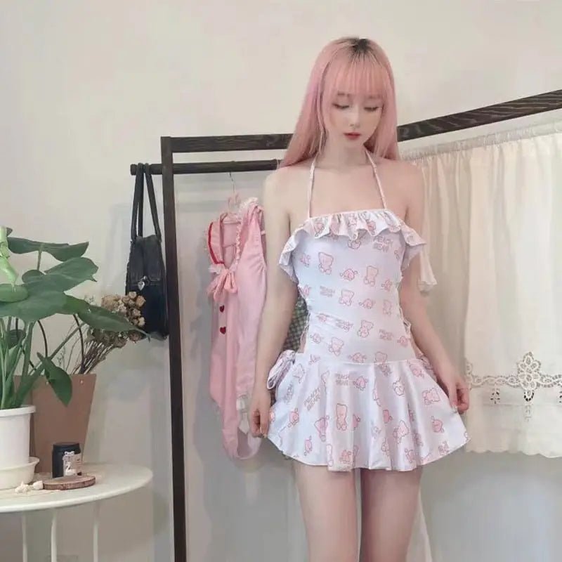 White & Pink Teddy Bear Print Adult Onesie for Cozy Lounging - Cosparty