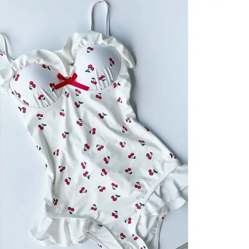 White & Red Cherry Print Adult Onesie for Cute Lounging - Lingerie