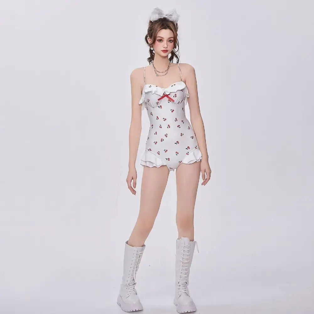 White & Red Cherry Print Adult Onesie for Cute Lounging - Lingerie