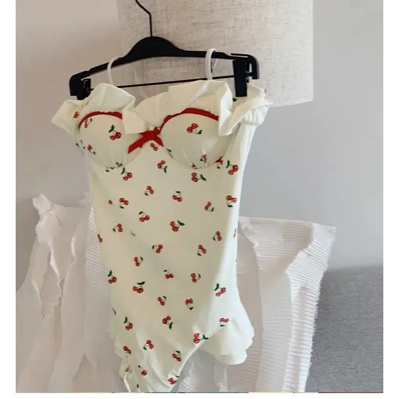 White & Red Cherry Print Adult Onesie for Cute Lounging - Lingerie