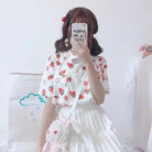 White Strawberry Print Button Up Top for Kawaii Lovers - Cosparty