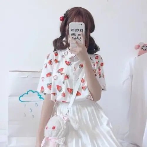 White Strawberry Print Button Up Top for Kawaii Lovers - Cosparty