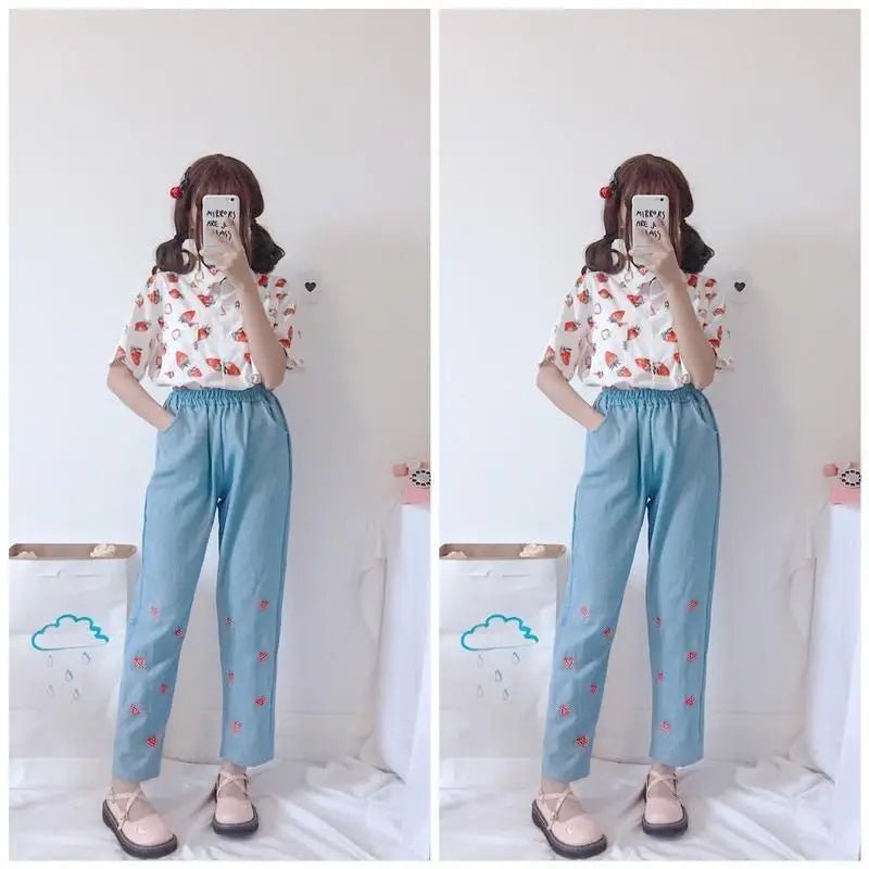 White Strawberry Print Button Up Top for Kawaii Lovers - Cosparty