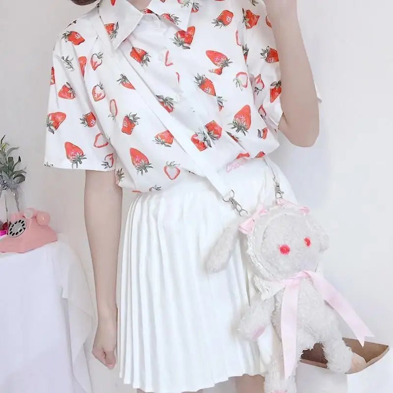 White Strawberry Print Button Up Top for Kawaii Lovers - Cosparty
