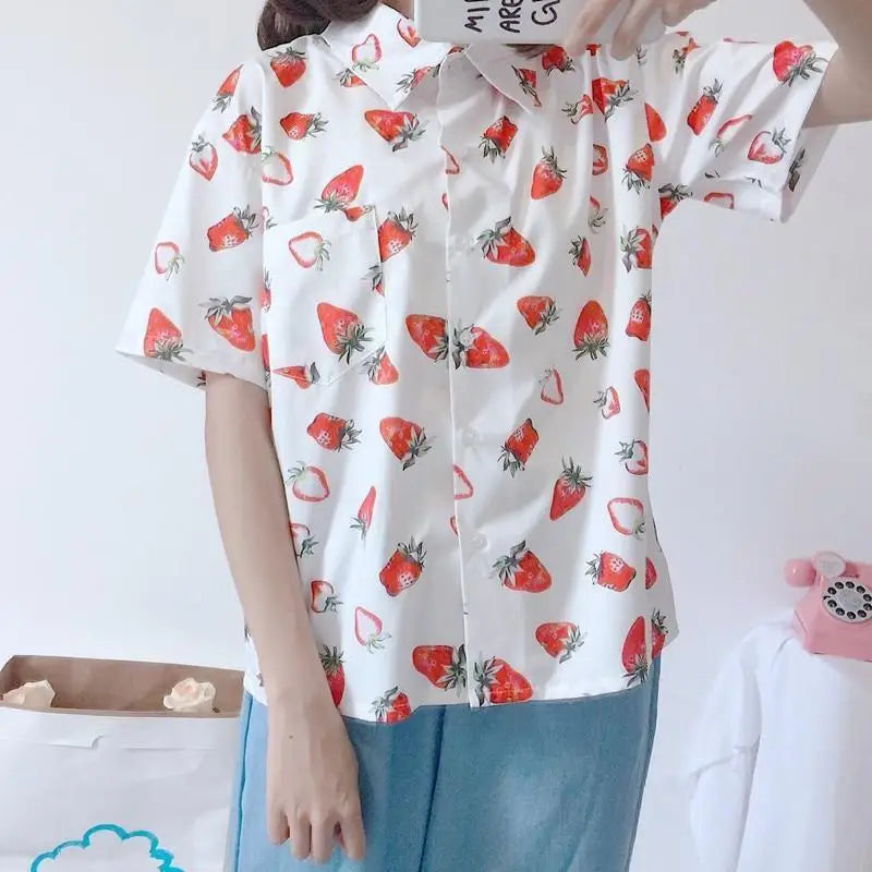 White Strawberry Print Button Up Top for Kawaii Lovers - top