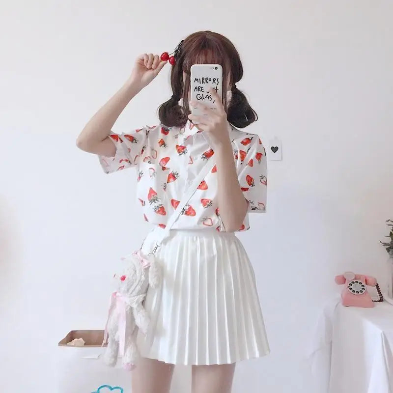 White Strawberry Print Button Up Top for Kawaii Lovers - top