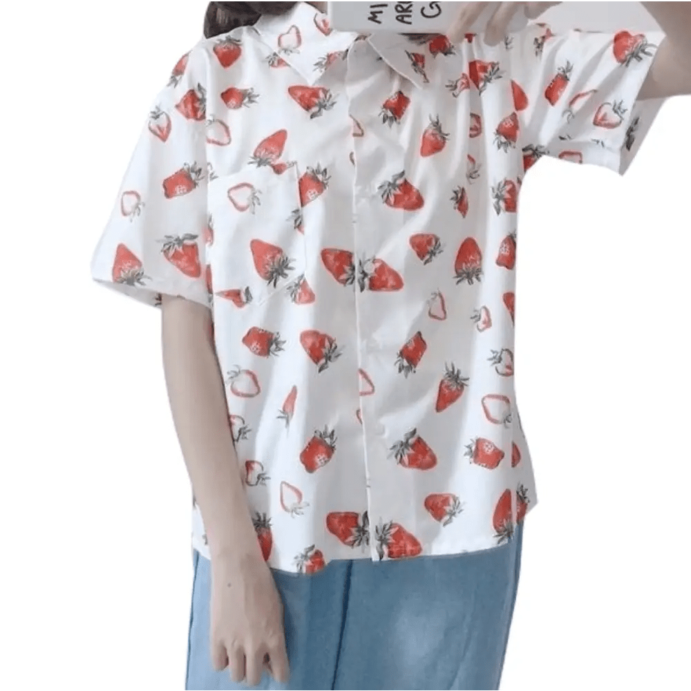 White Strawberry Print Button Up Top for Kawaii Lovers - Cosparty