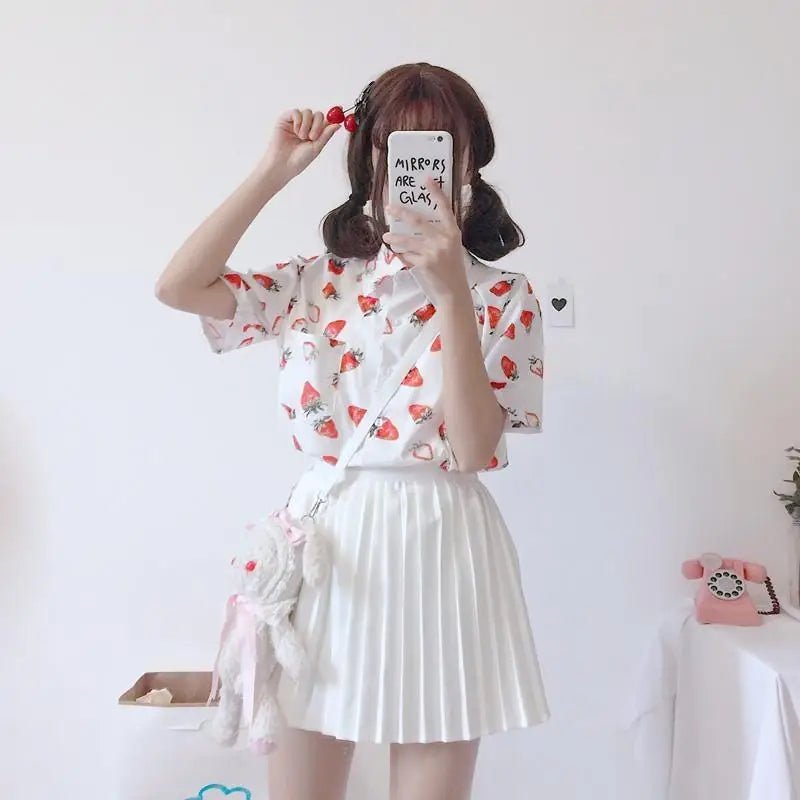 White Strawberry Print Button Up Top for Kawaii Lovers - Cosparty