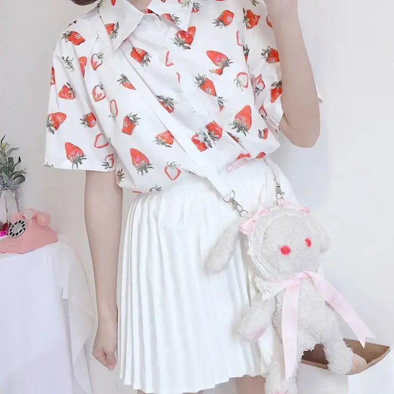 White Strawberry Print Button Up Top for Kawaii Lovers - top