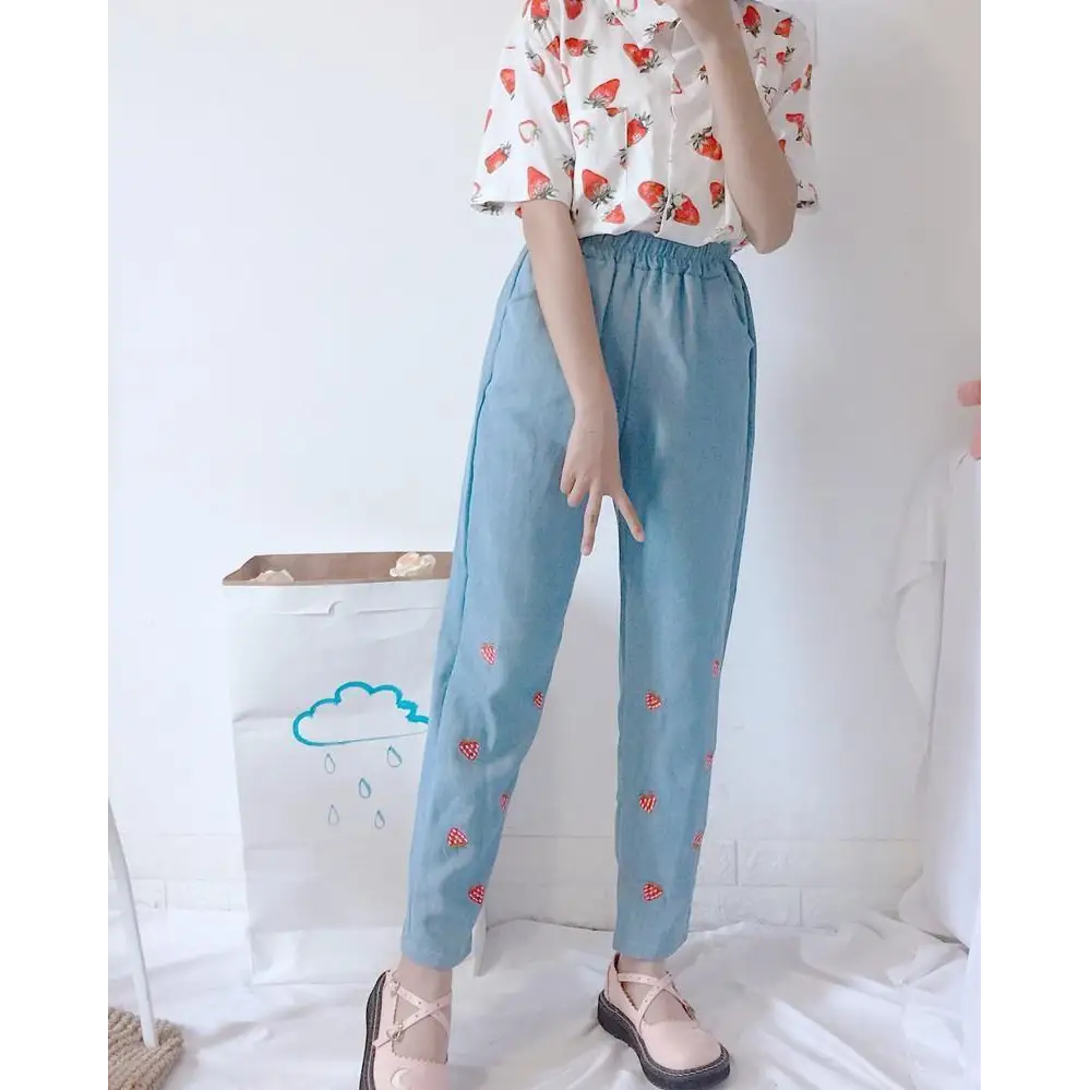 White Strawberry Print Button Up Top for Kawaii Lovers - top