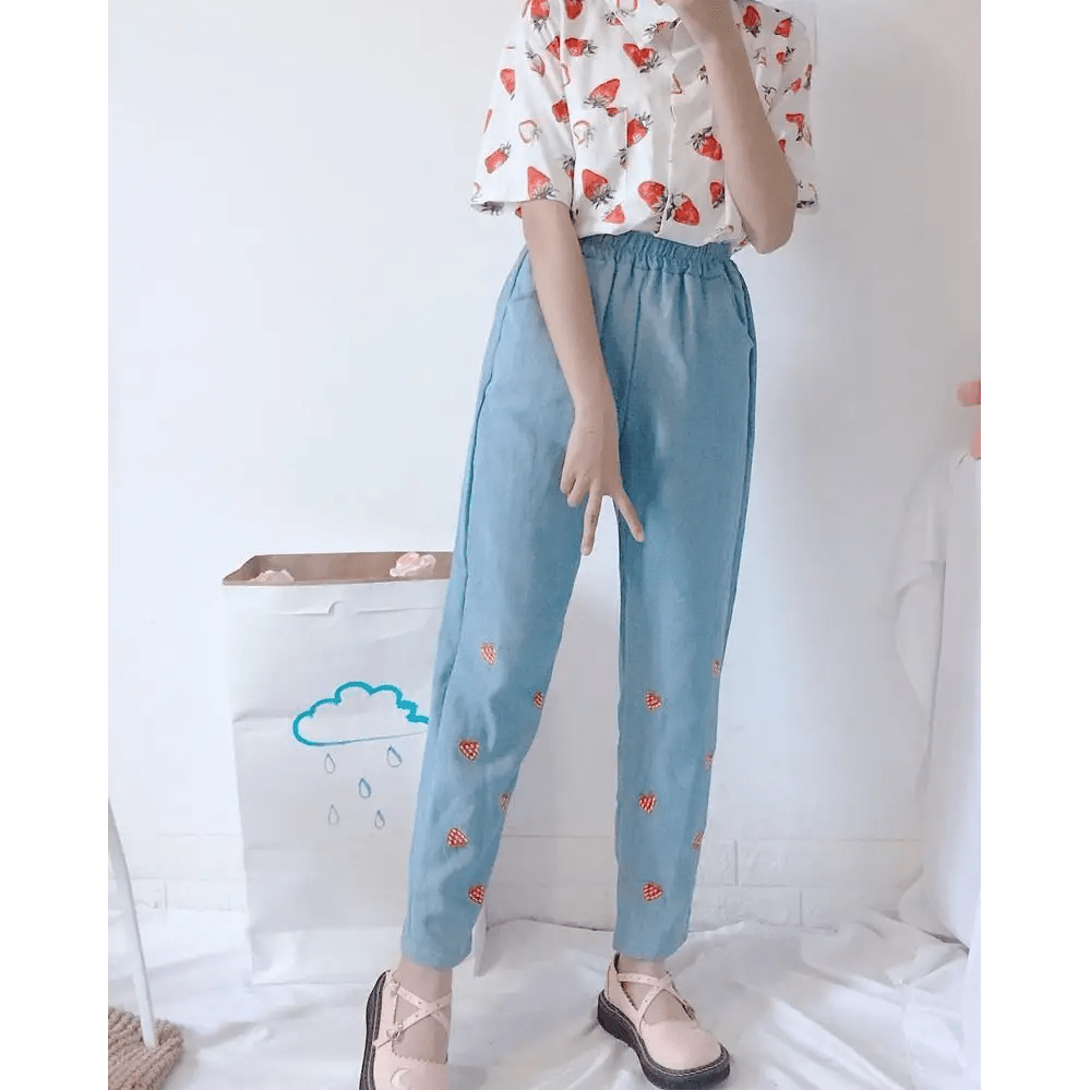 White Strawberry Print Button Up Top for Kawaii Lovers - Cosparty