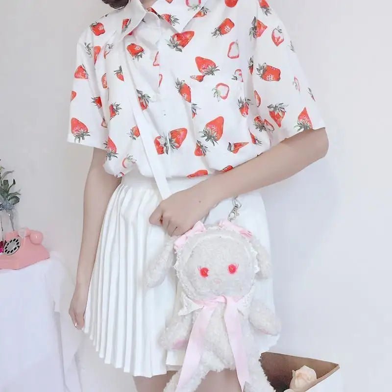 White Strawberry Print Button Up Top for Kawaii Lovers - Cosparty