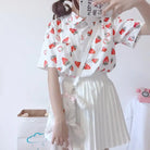 White Strawberry Print Button Up Top for Kawaii Lovers - top