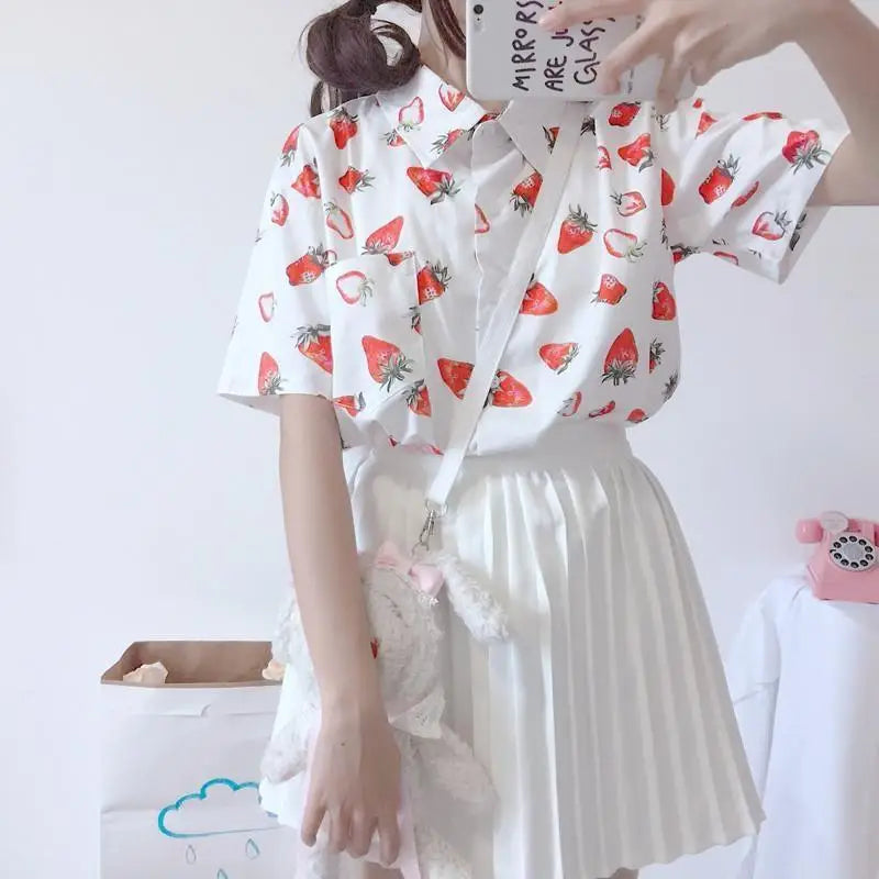 White Strawberry Print Button Up Top for Kawaii Lovers - top