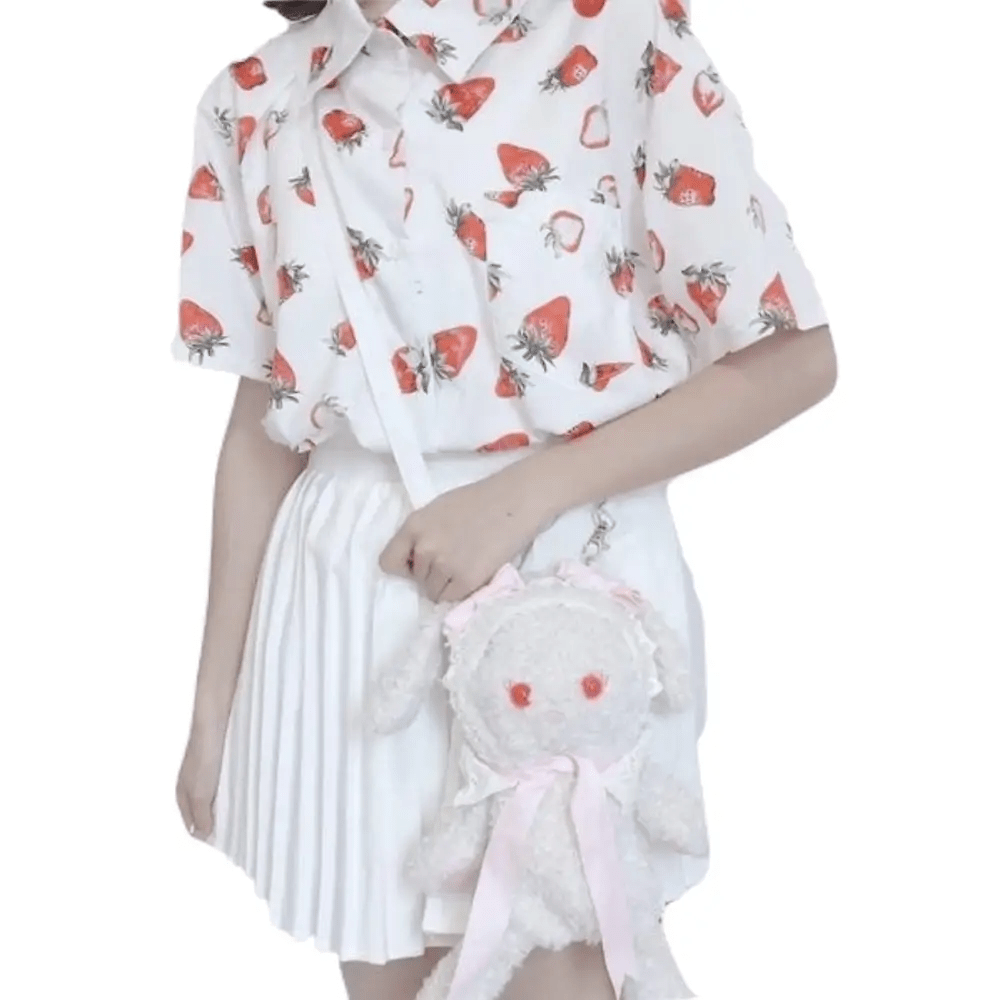 White Strawberry Print Button Up Top for Kawaii Lovers - Cosparty