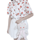 White Strawberry Print Button Up Top for Kawaii Lovers - Cosparty