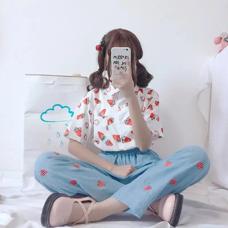 White Strawberry Print Button Up Top for Kawaii Lovers - top