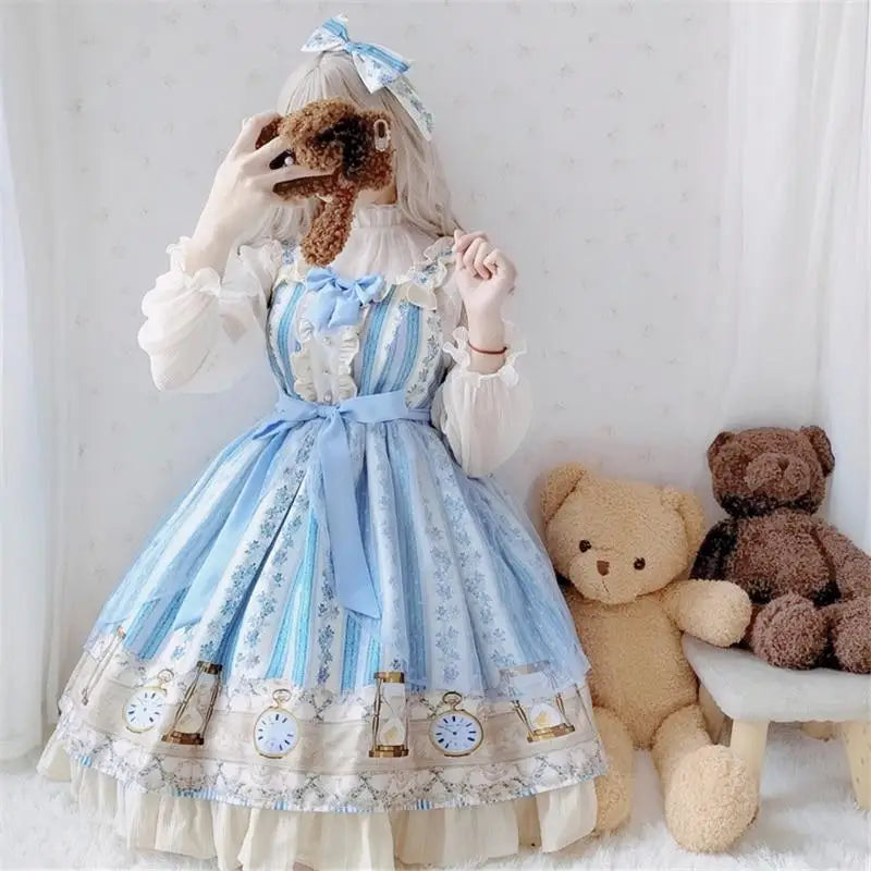 Wonderland Inspired Blue Lolita Dress with Floral Print - dress