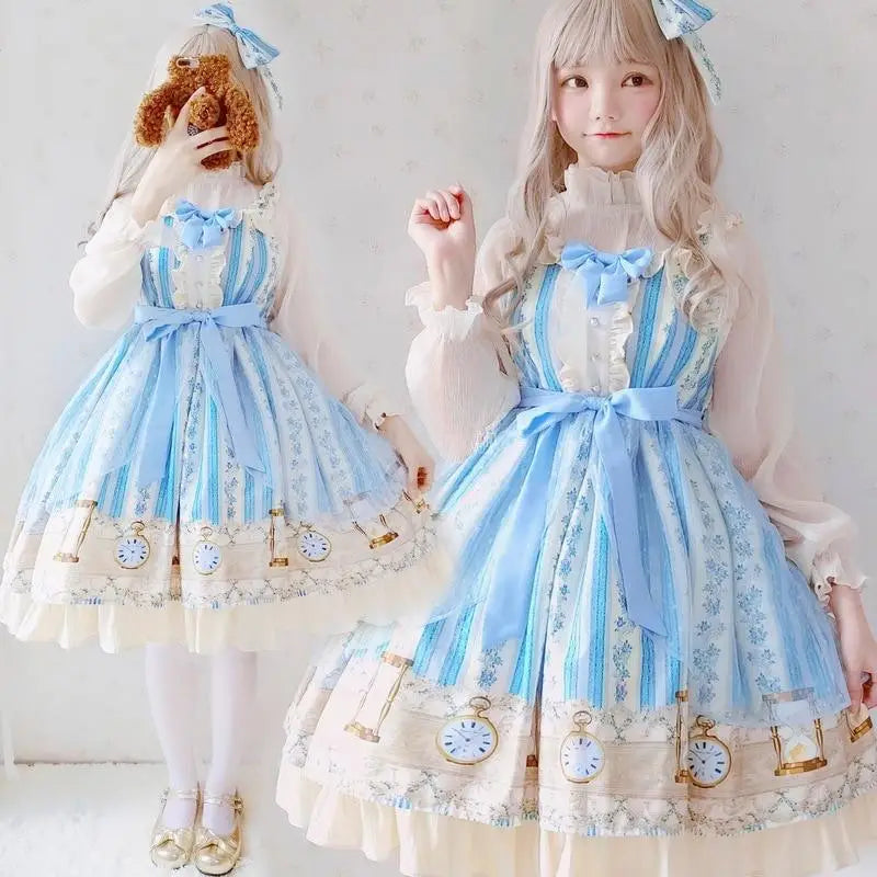 Wonderland Inspired Blue Lolita Dress with Floral Print - dress