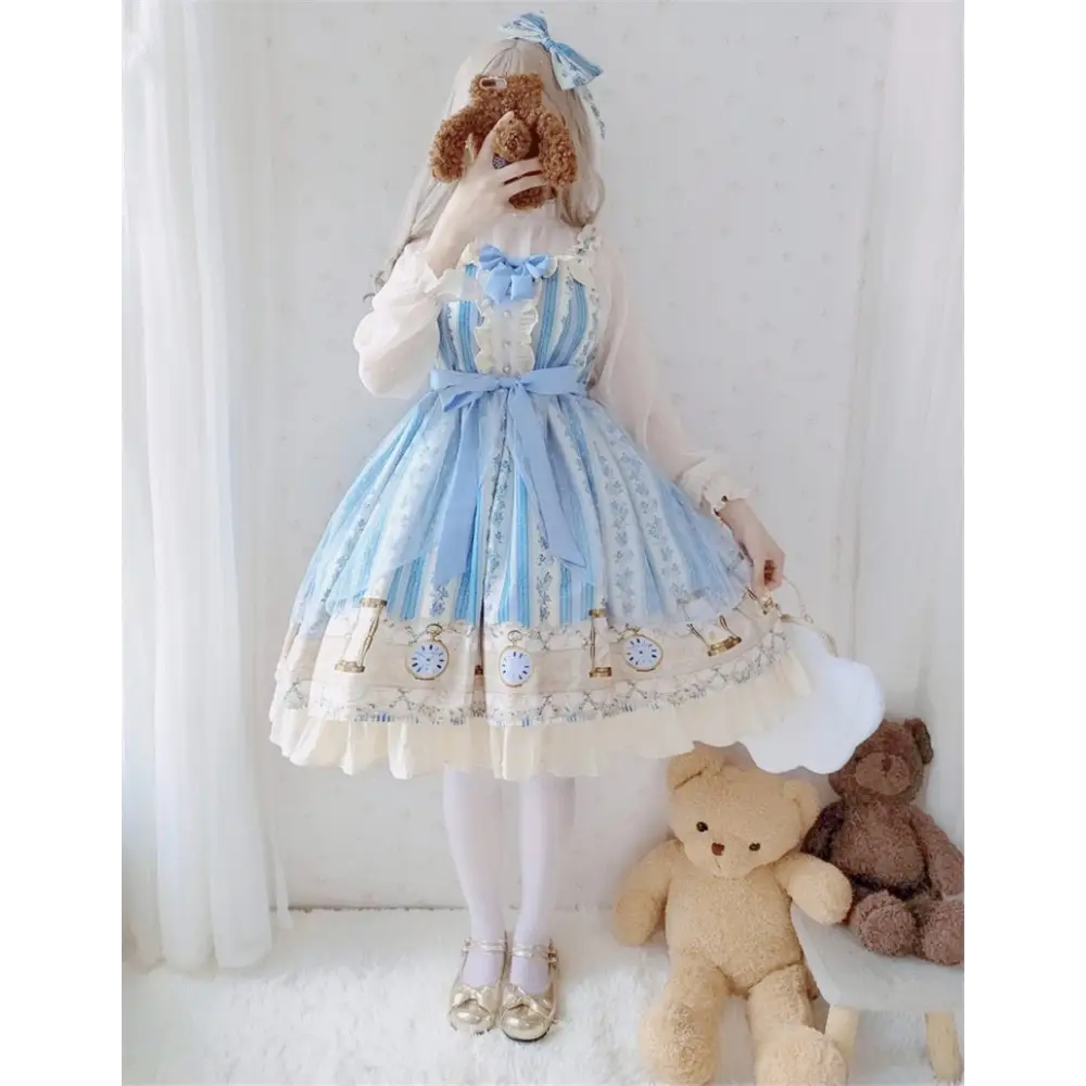 Wonderland Inspired Blue Lolita Dress with Floral Print - dress