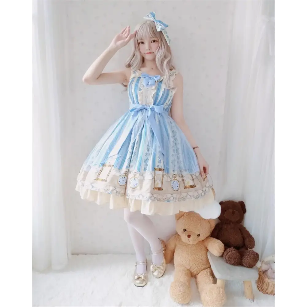 Wonderland Inspired Blue Lolita Dress with Floral Print - dress