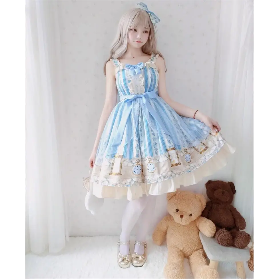 Wonderland Inspired Blue Lolita Dress with Floral Print - dress