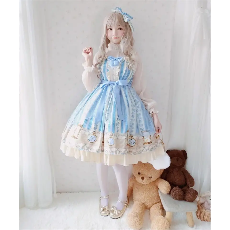 Wonderland Inspired Blue Lolita Dress with Floral Print - dress