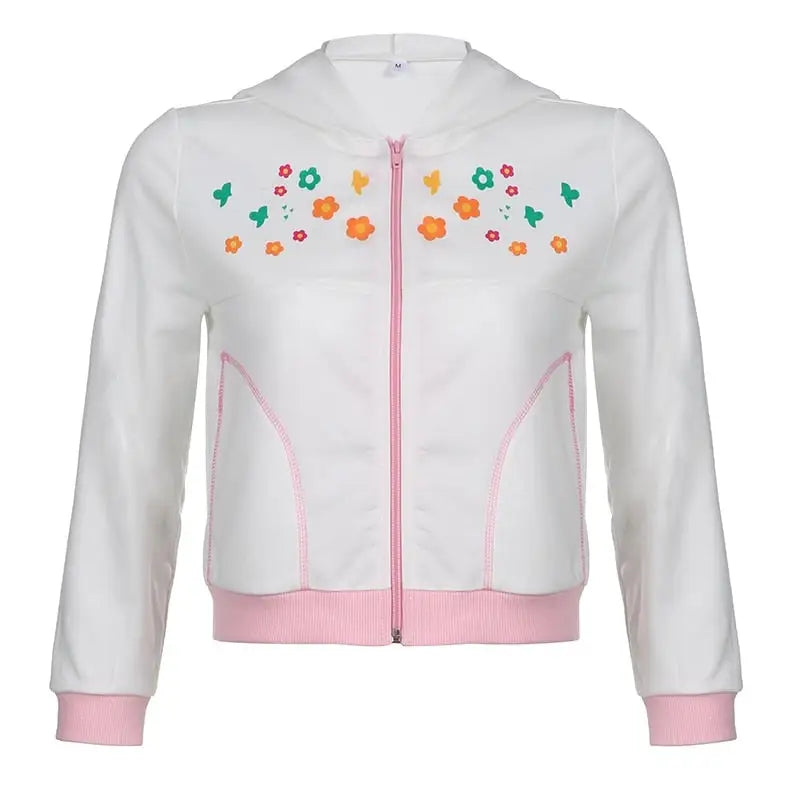 Y2K White Floral Zip Up Jacket with Hooded Design - jacket