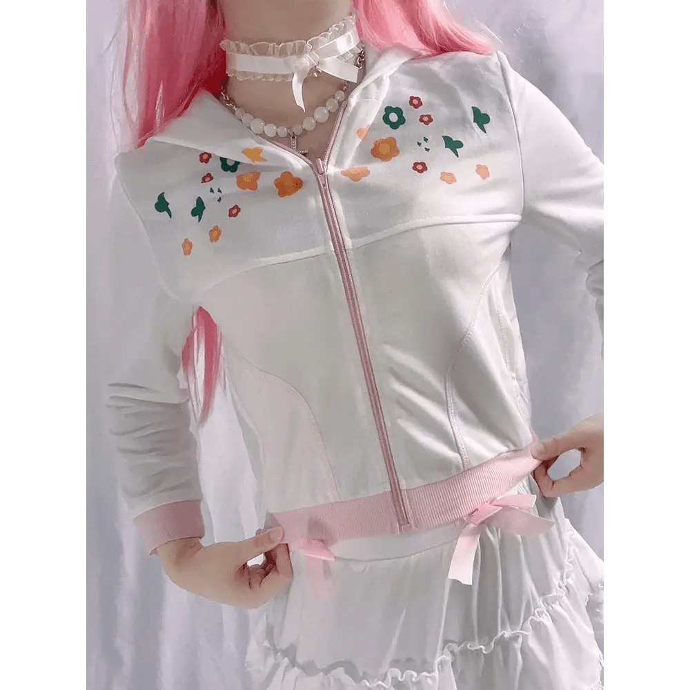 Y2K White Floral Zip Up Jacket with Hooded Design - Cosparty