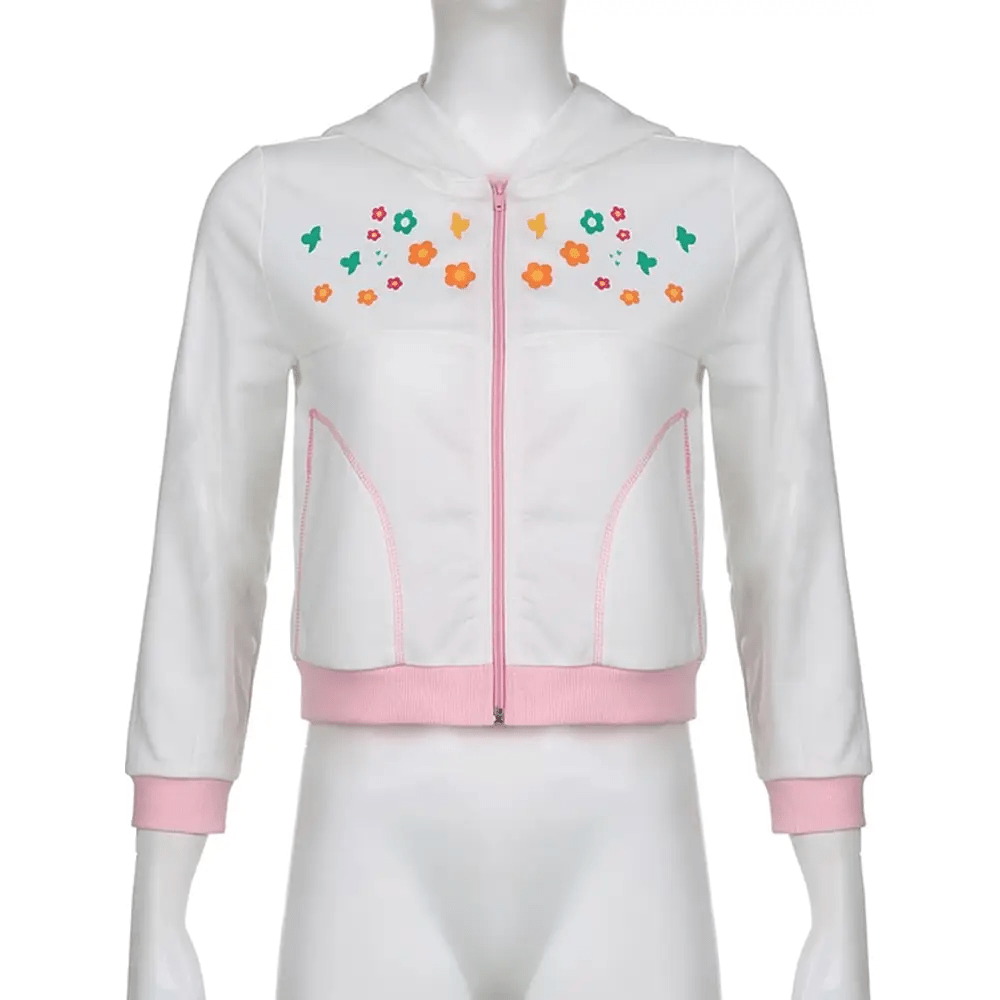Y2K White Floral Zip Up Jacket with Hooded Design - Cosparty